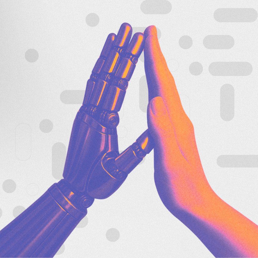 A robotic hand and a human hand meeting in a high five